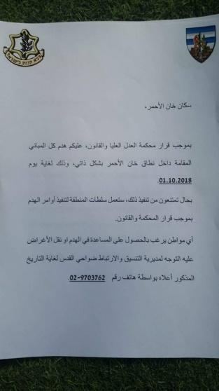 الاحتلال يمهل اهالي الخان الاحمر حتى نهاية الشهر الحالي بهدم منازلهم